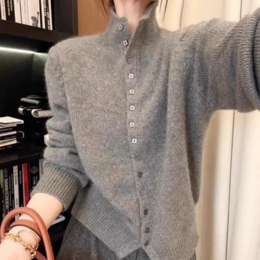 Elegant 100% Wool Stand Collar Sweater Cardigan for Women - Chic and Casual Niche Style