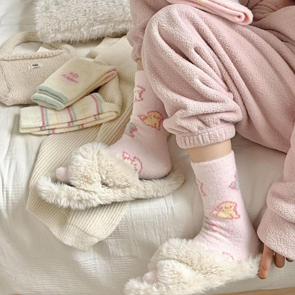 Pink Australian Wool Women's Mid-Calf Socks - Cute Japanese Cartoon, Warm and Fluffy for Autumn/Winter.