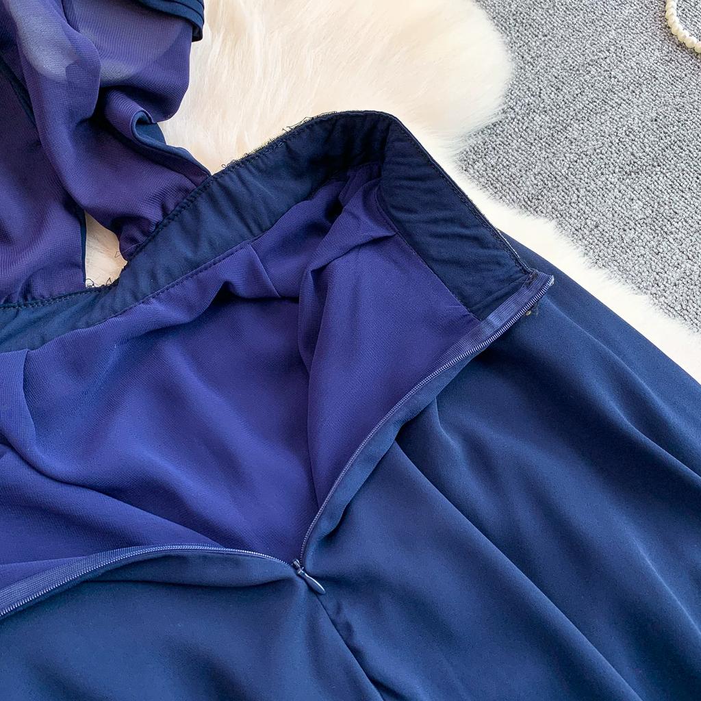 Sexy Backless Halter Neck Dress with Padded Cups for Women Vintage Bohemian Embellished Asymmetrical Elegant Chiffon Midi Dress
