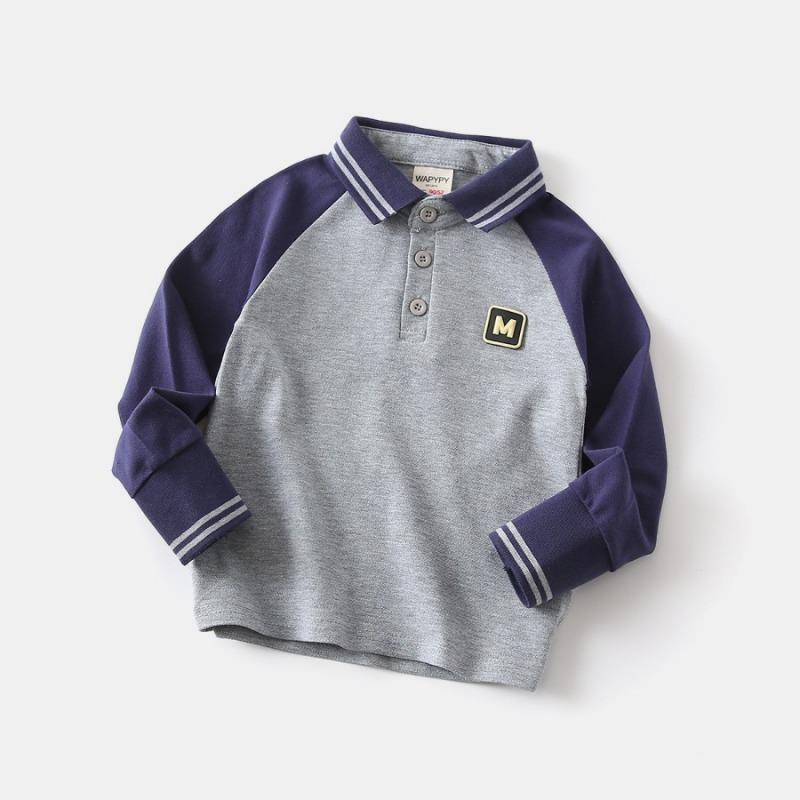 Boys Kids Long Sleeve Turn Down Collar Patchwork Polo Shirt Casual Top