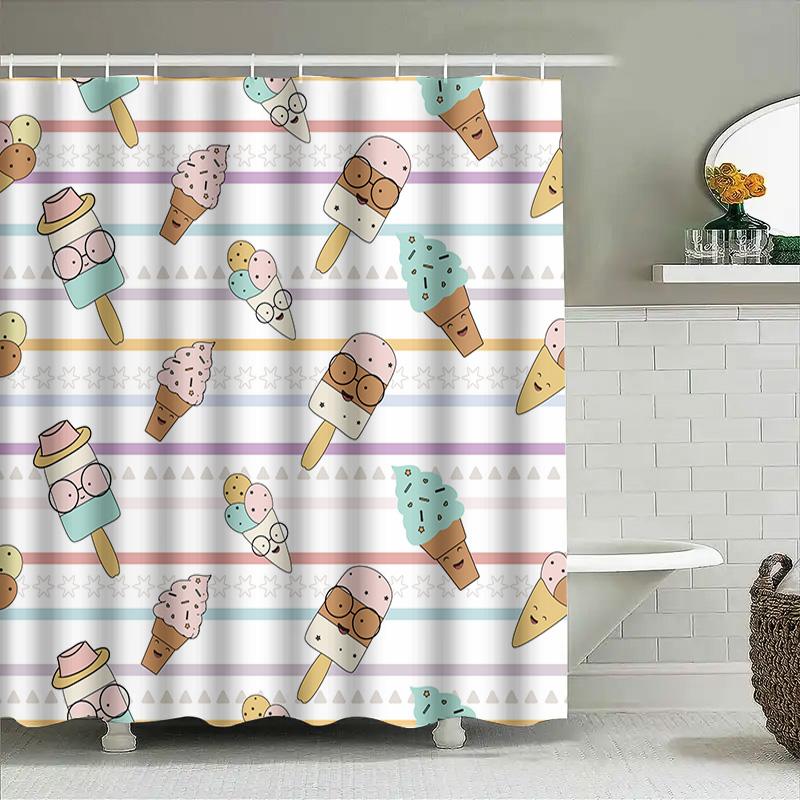 Charmful Ice Cream Pattern Shower Curtain For Bathroom Decor Multicolor Striped Design Cute Cartoon Print Waterproof Fabric Easy