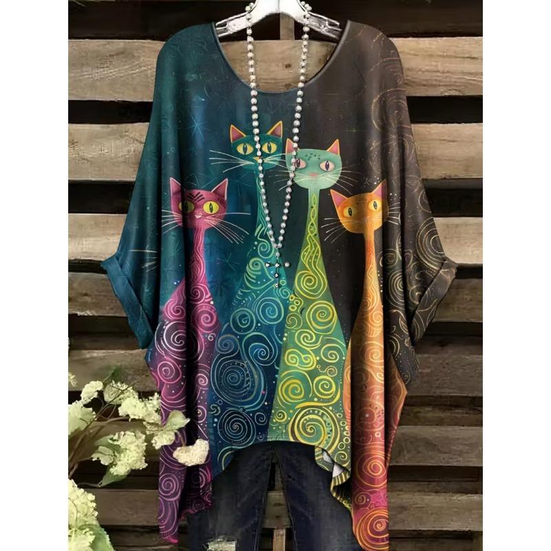 Camiseta Retro para Mujer Gráfico de Gato Anime Ropa de Chica Verano Cuello Redondo Manga Corta Camisetas Femeninas Harajuku Streetwear Blusa Oversized