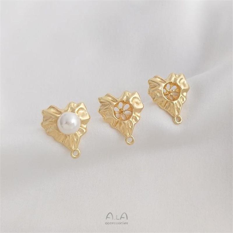 14K Copper-Plated Gold Lace Heart Bead Holder with Dangle Earrings & 925 Silver Needle for DIY Pearl Earrings