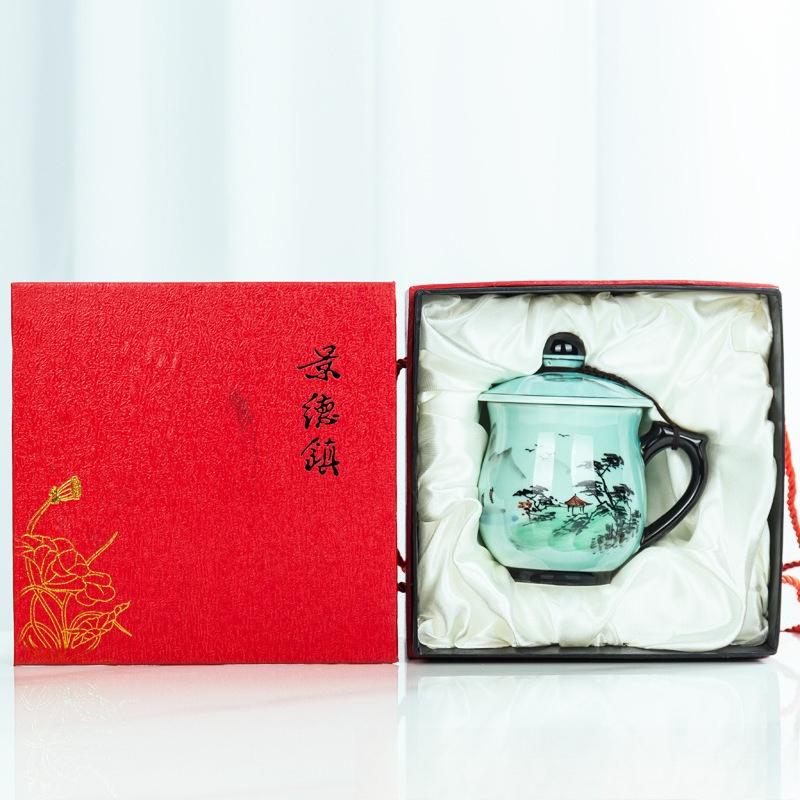 Hand Painted Celadon Tea Cup with Lid Ceramic Mug Office Home Gift Personal Drinking Cup