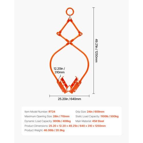 VEVOR 24in Stone Lifting Tongs, 2-Claw Rock Tongs, Heavy Duty Steel Log Tongs, 1100LBS Lifting Capacity, Swivel Log Grapple, Serrated Claw Design
