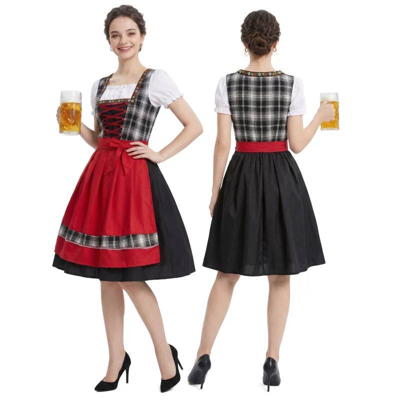 Oktoberfest Costume Women Retro Red Black Tartan Dress For Halloween Event