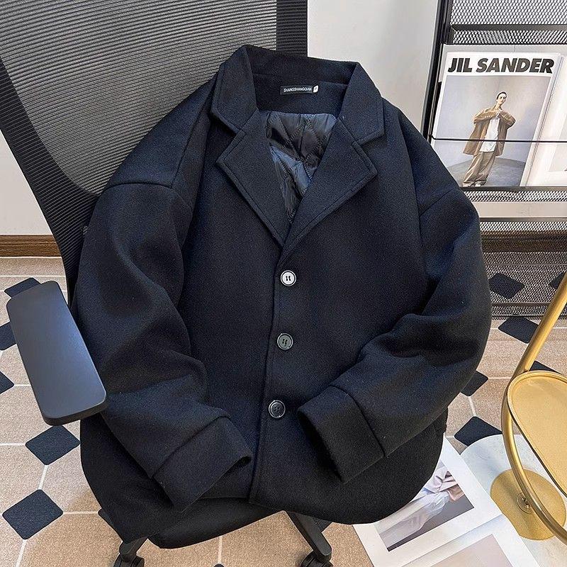 Unisex Retro Wollmantel in mittlerer Länge - Schwarz, Baumwollgefüttert, Lockere Passform, Koreanischer Stil für Herbst/Winter