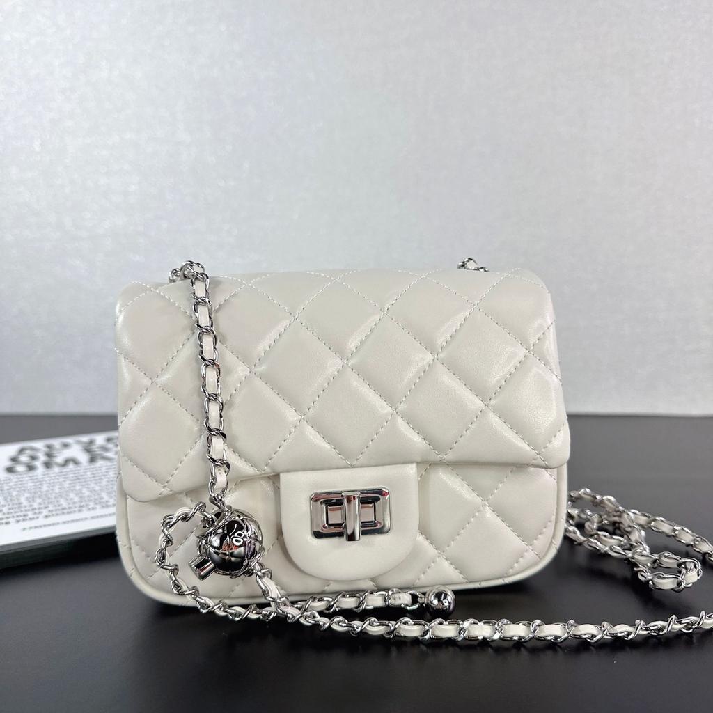 New sheepskin rhombus chain bag silver buckle gold ball square fat leather small square bag single shoulder messenger bag women