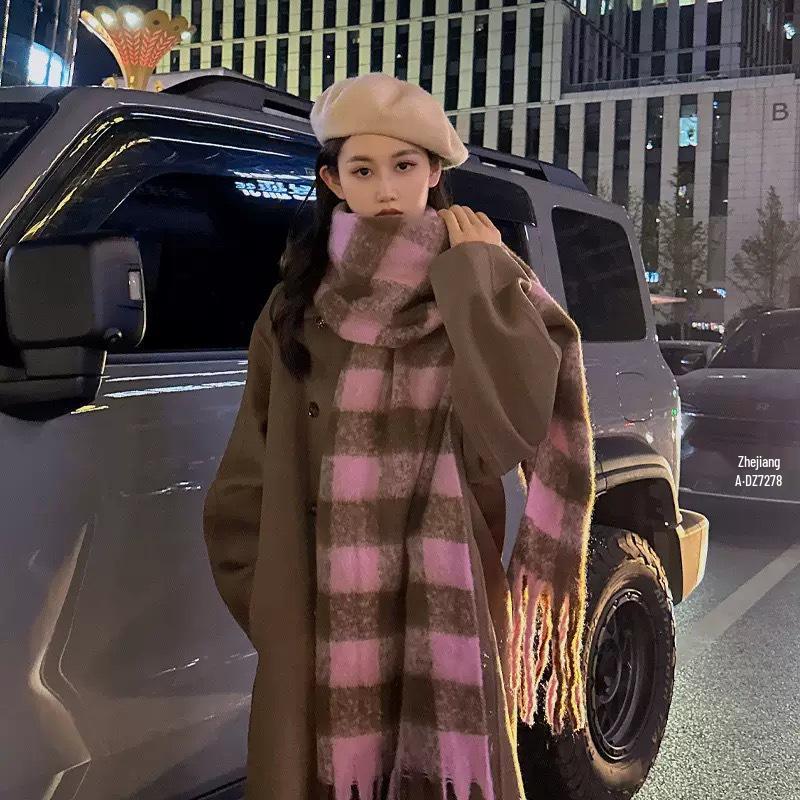 Korean Style Imitation Cashmere Plaid Scarf - Women's Warm, Thick, and Versatile Neck Warmer for Fall and Winter.