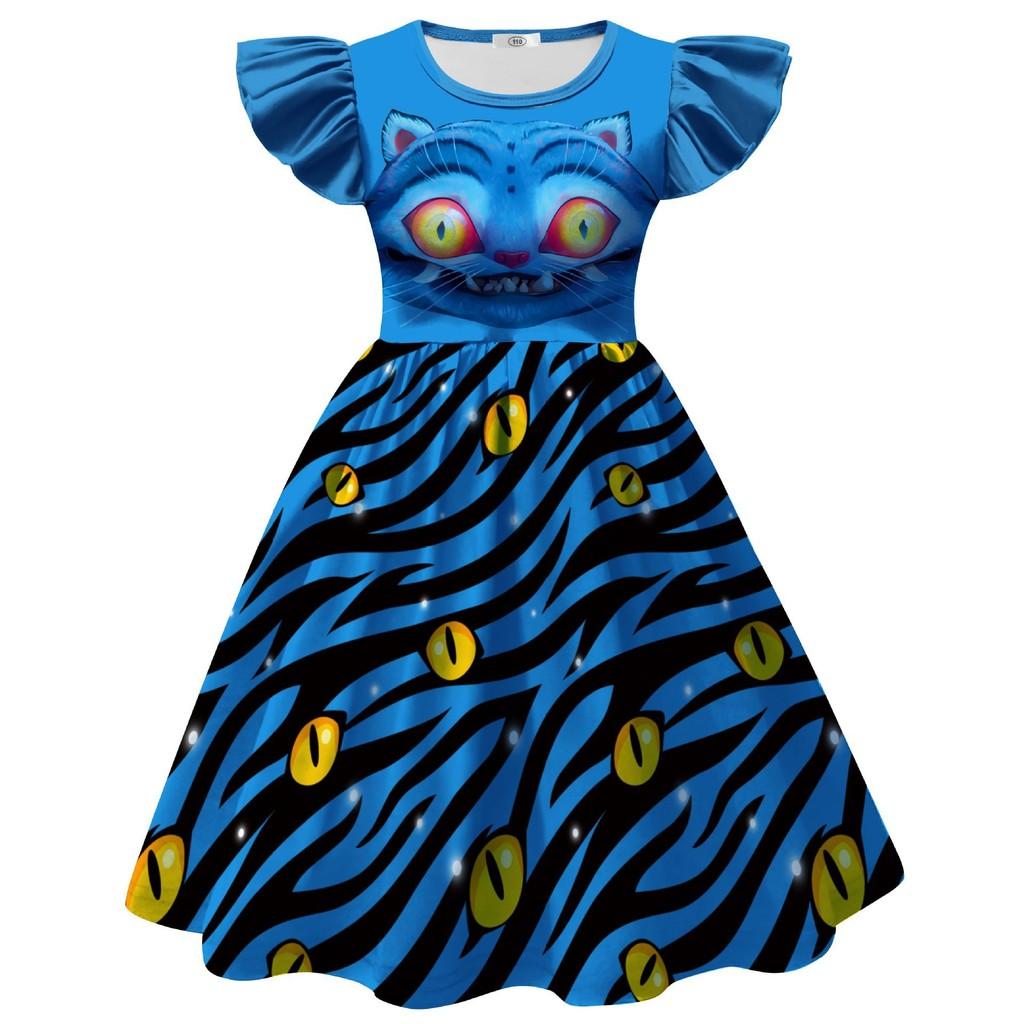 Kids Girls Anime Cartoon Blue Tiger Animals Monster Printed Ruffle Dress Halloween Cosplay Costumes