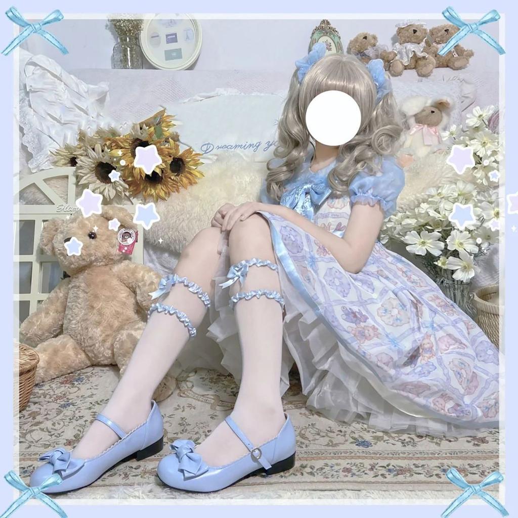 Pink & Blue Cotton Knee High Socks for Women | Cute Japanese Style Thin Academic Lace Calf Socks with Lolita Bowknot JK Design