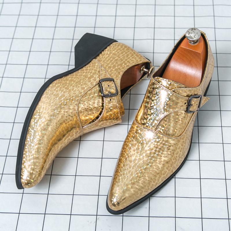 New Men Fashion Pointed Gold Blue Patent Leather Shoes Male Charm Monk Strap Punk Rock Loafers Wedding Party Prom Flats Footwear