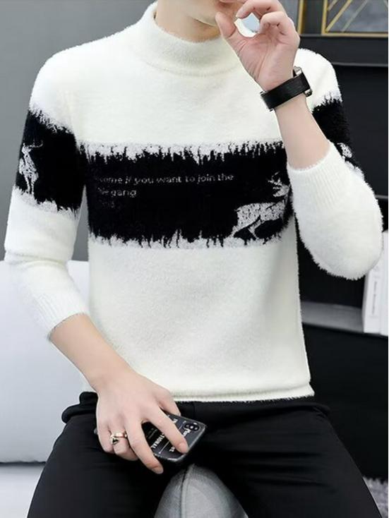 Pull Homme Velours Viscose Color Block: Tricot Tendance, Chaud, Polyvalent, à Col Semi-Haut pour l'Automne et l'Hiver