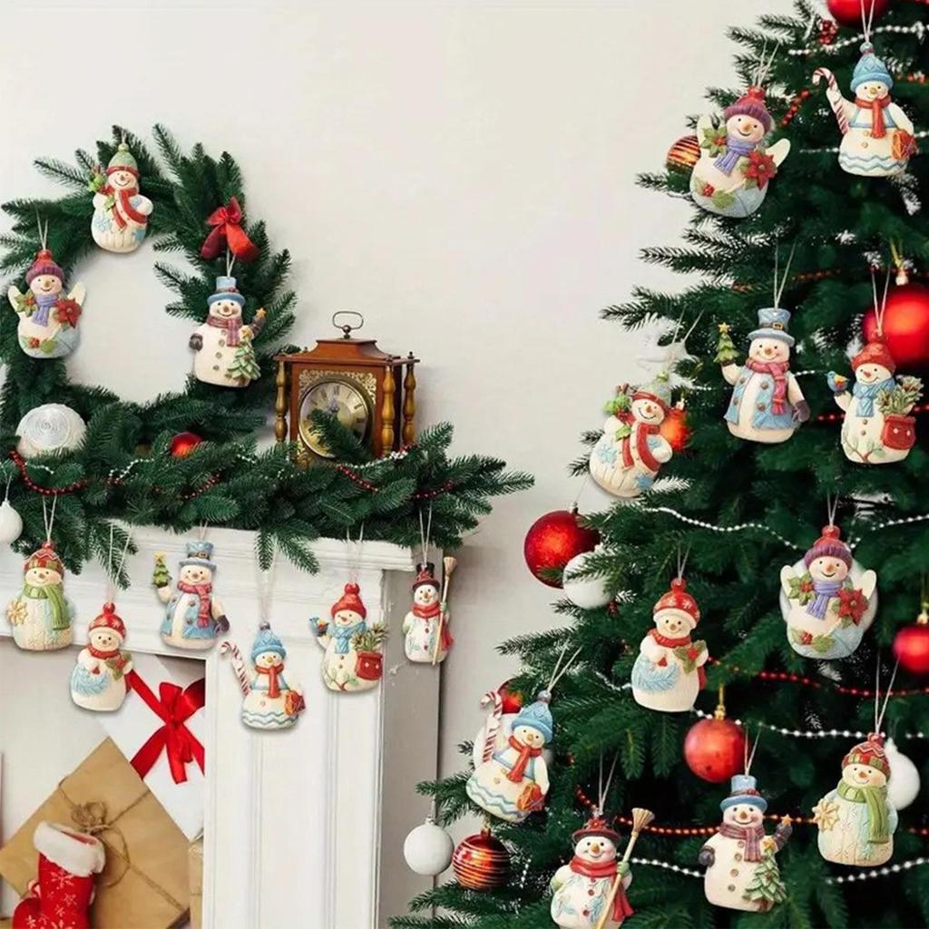 Snowman Ornaments Christmas Hanging Decor 9 Piece Wooden Snowman Set for Tree Window Wall Home Decor, Holiday Decorations