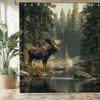 Photorealistic Moose Shower Curtain Majestic Bull In Misty Forest River Polyester Decor 70.8X70.8In, Machine Washable, 12 Hooks