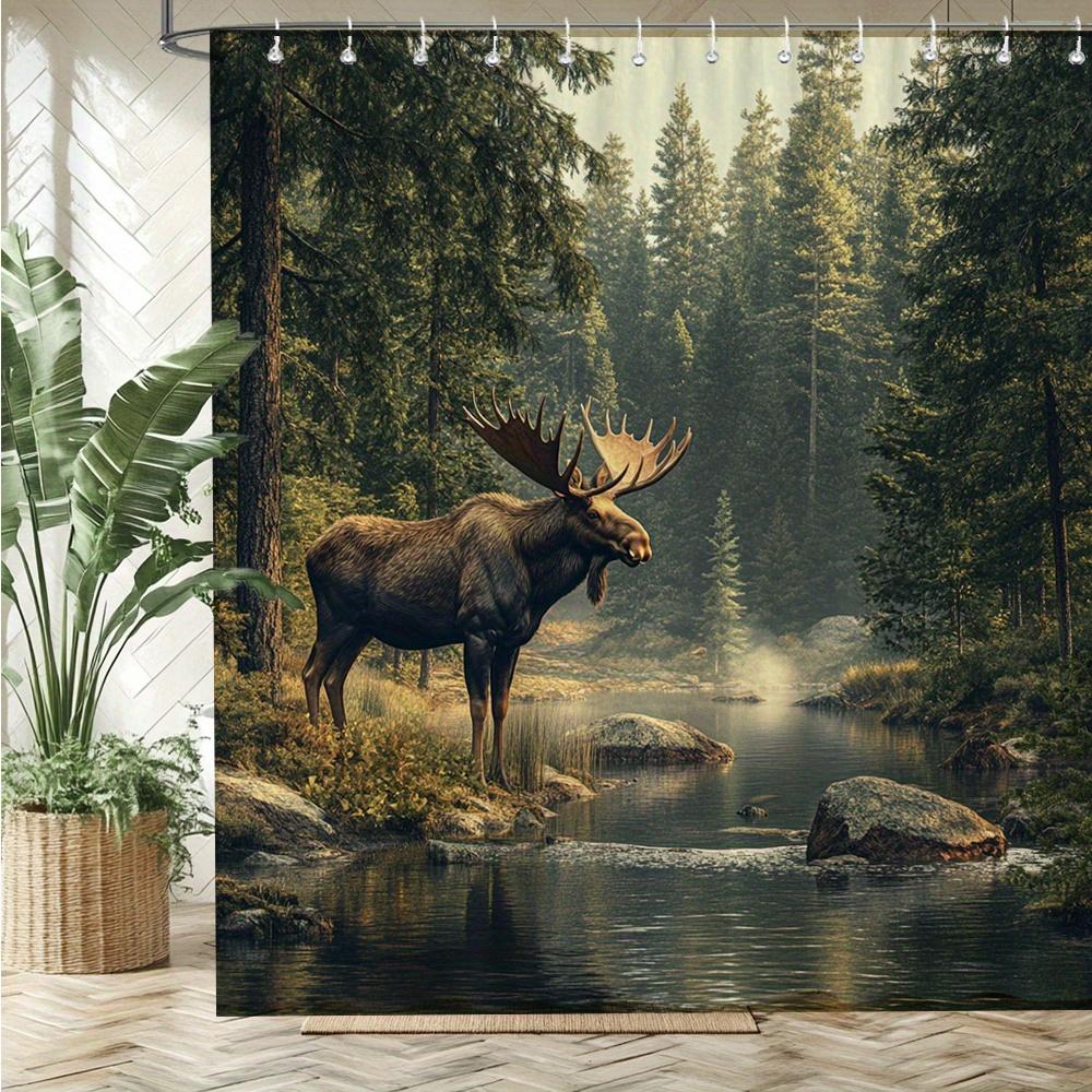 Photorealistic Moose Shower Curtain Majestic Bull In Misty Forest River Polyester Decor 70.8X70.8In, Machine Washable, 12 Hooks