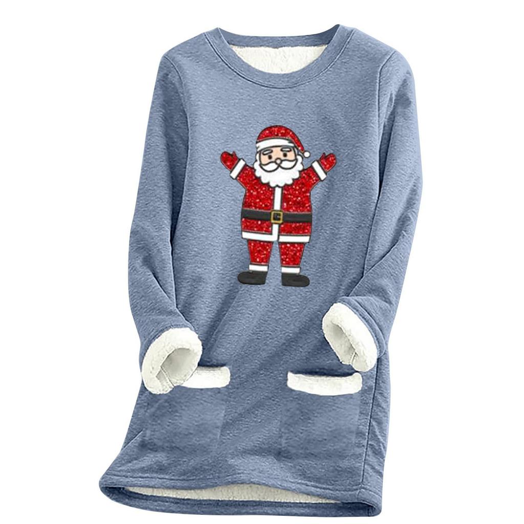 Ladies' Loose And Comfortable Round Neck Christmas Print Thick With Pockets Long Sleeved Top