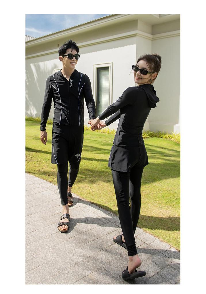 Couple's Long Sleeve Split Hoodie Swimsuit: Women's Sun Protection Surf Suit & Men's Beach Swimwear