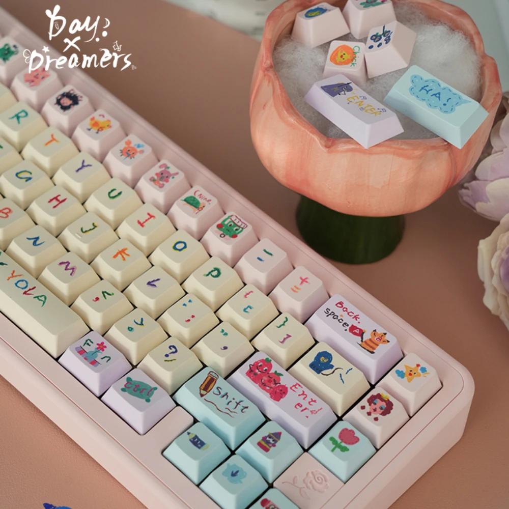 Childlike Keycaps Mda Pbt143 Key Hand-Painted Customized Diy Hi75 Cartoon Diy Pink White Keycaps