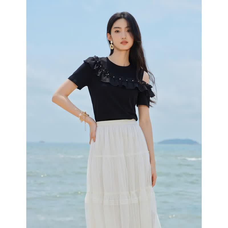Women's Ruffle Asymmetric Off-Shoulder Slim T-Shirt