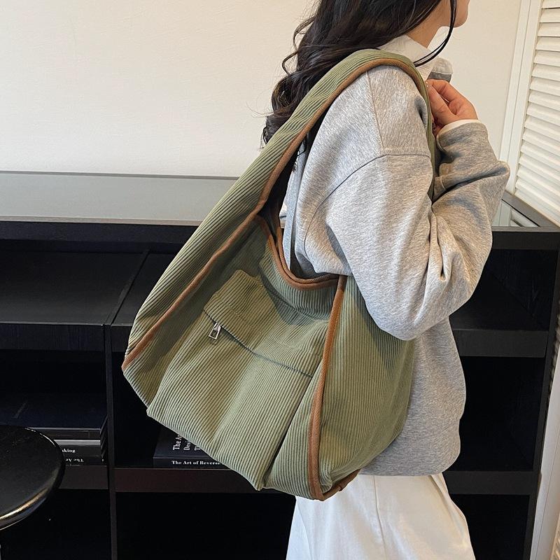 Corduroy Tote Bag Women's Commuter Shoulder Bag Large Capacity Student Class Handbag