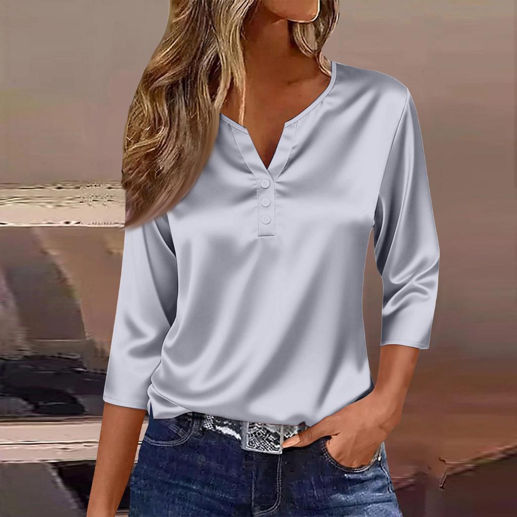 Women's Collar Three-Quarter Sleeve Satin Shirt Top, Lightweight Spring/Summer Top