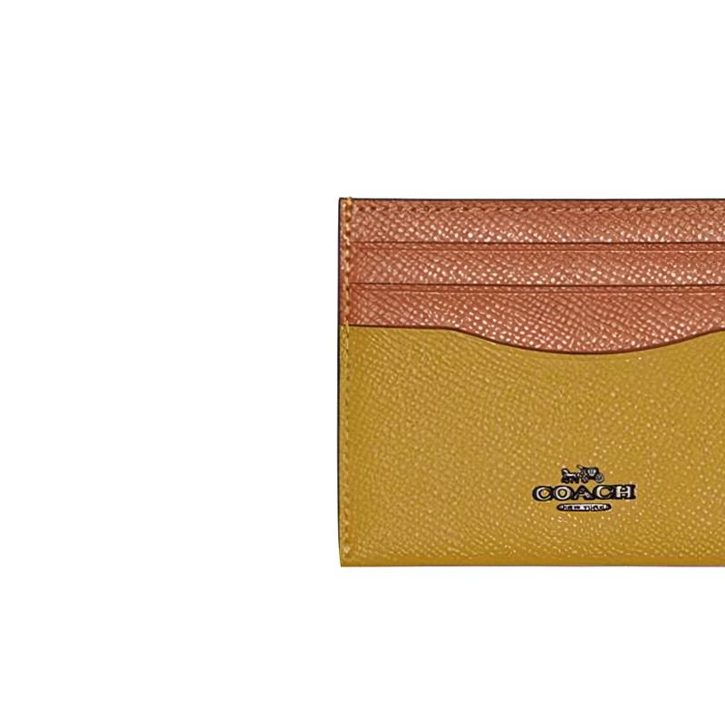 Coach Card Case With 10 Slots Open Pocket Crosshatch Leather Wallet Women Wallet Brown Linen-Yellow 12070-V5RQD