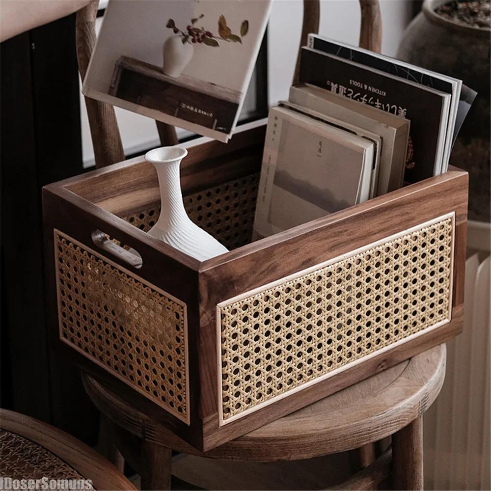 Retro Luxury Kitchen Desktop Solid Wood Storage Box Rattan Basket Book Snacks Cosmetics Organizer Home Appliance