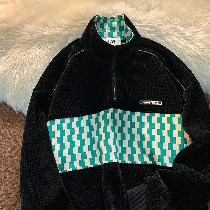 Unisex Retro Checkered Half-Zip Waffle Sweatshirt - Trendy and Loose for Autumn