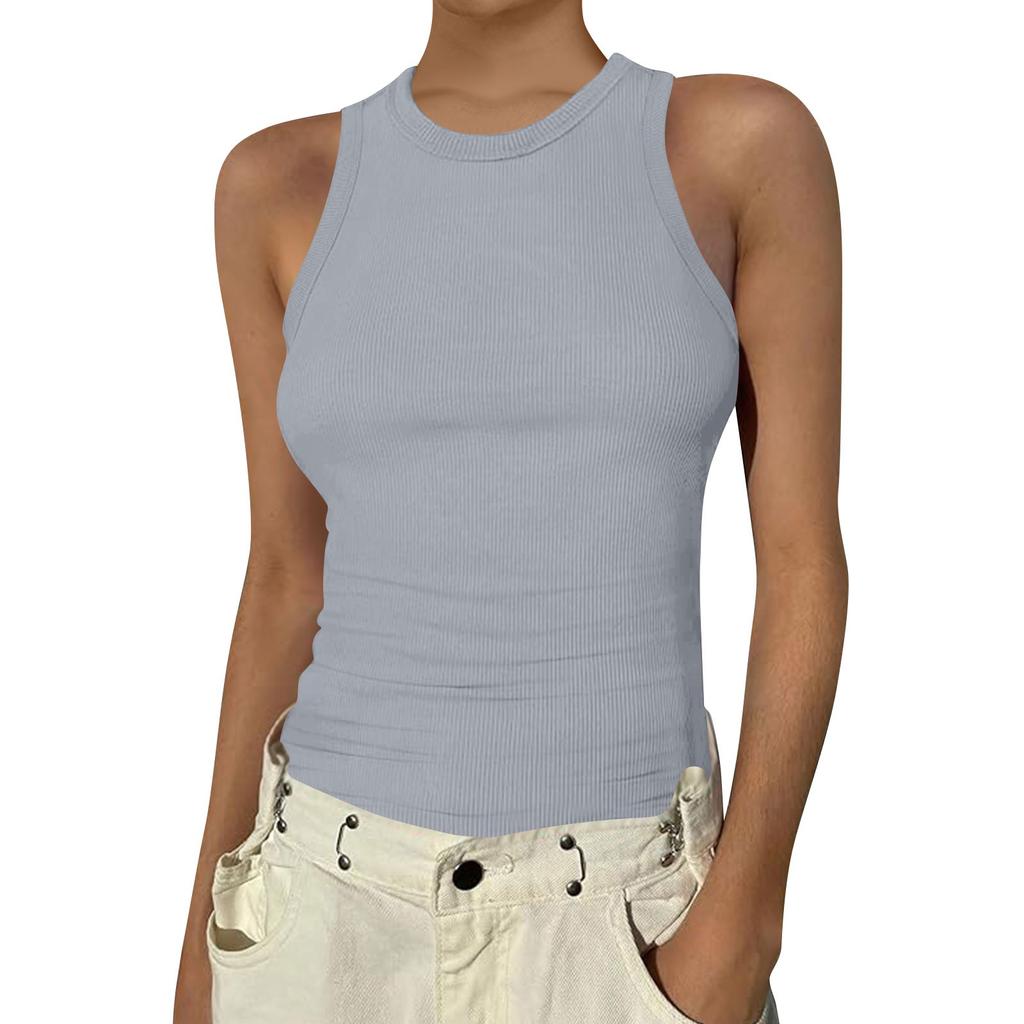 Women's Summer Fashion Casual Color Round Neck Sleeveless Top Tight Tank Top