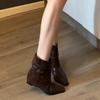 Sheepskin version~ Square head retro belt buckle short boots women's inner height increase western boots rear zipper thin knight boots