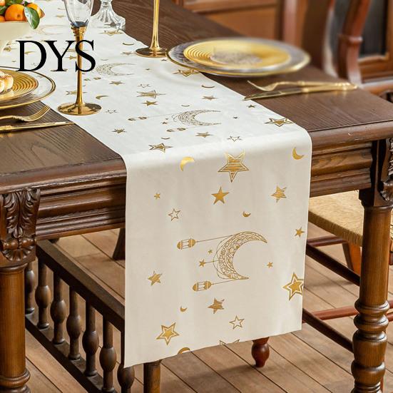 Modern Table Dressing Eid Mubarak Runner, Ramadan Gold Moon Stars Tablecloth, Islamic Happy Holiday Home Accessories Rectangular Cloth for Dining