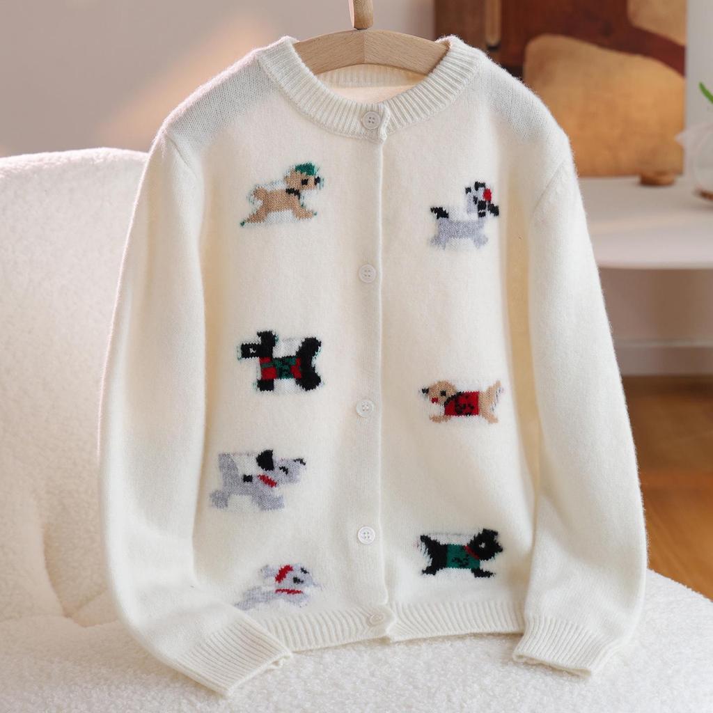 Kinder-Cardigan aus 100% reiner Wolle, gestrickt, mit Cartoon-Motiv, koreanischer Stil, Rundhals-Pullover für Jungen und Mädchen
