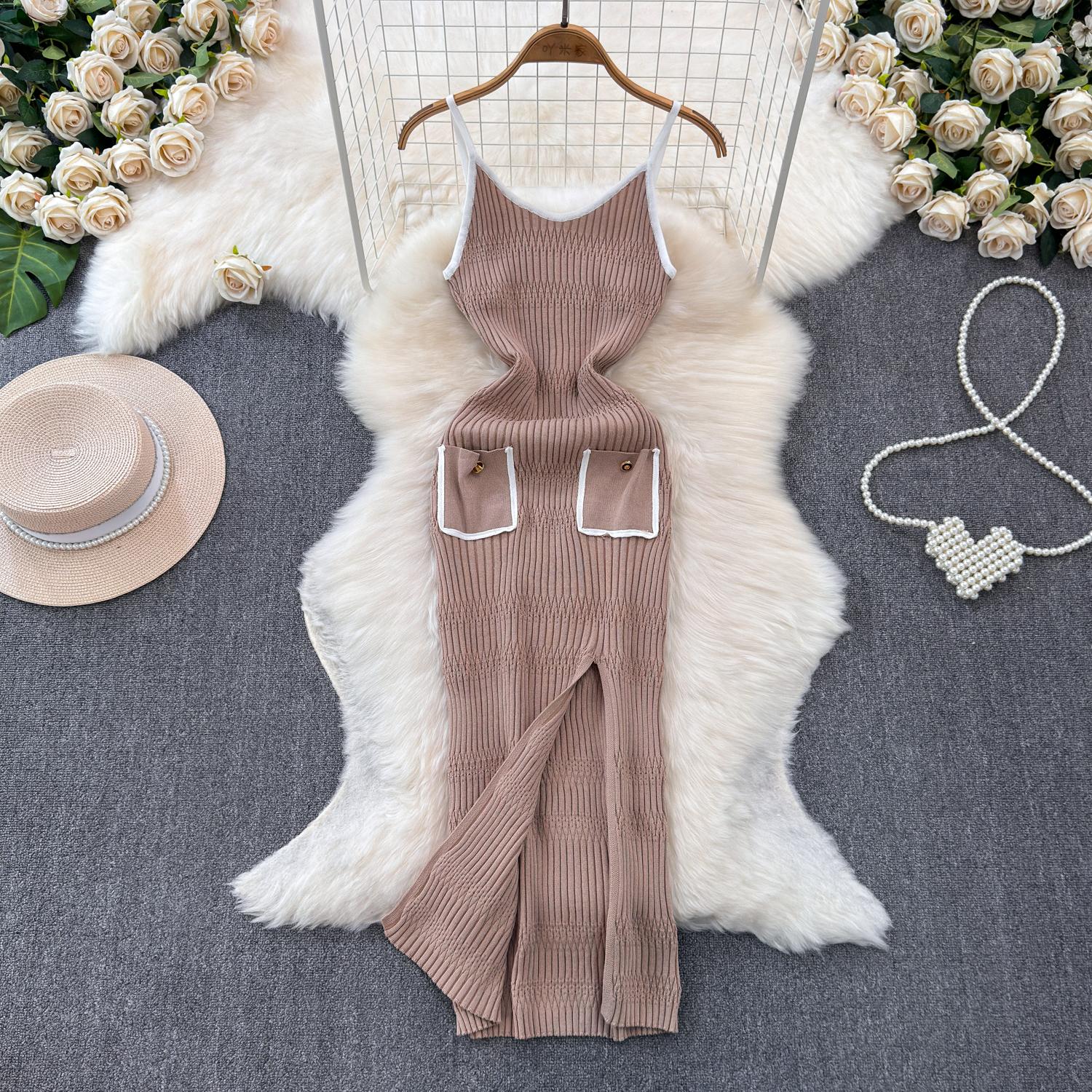 

Женское облегающее длинное платье контрастного цвета с вырезом на спине, корейское модное трикотажное платье на бретельках для девочек, элегантное летнее One Size хаки