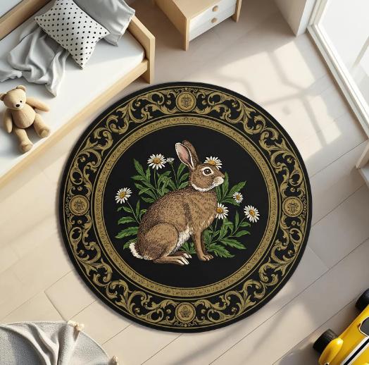 Easter Bunny Round Rug Floral Egg Decor Non-Slip Cotton Base Luxury Modern Area Rug Elegant Living Room Minimalist Mat Gift