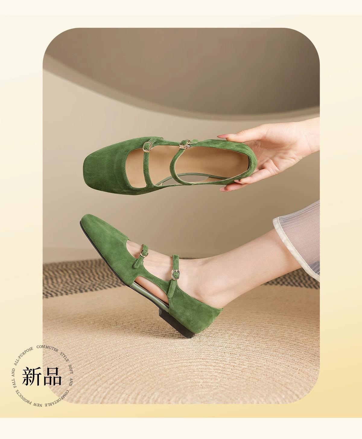

Модные женские летние туфли 2025 года на низком каблуке, с плоской подошвой, сандалии с открытыми боками, французские туфли Мэри Джейн с мелким вырезом 40 зелёный