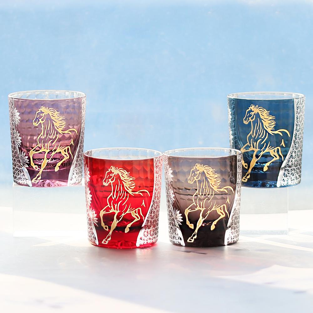 Edo Kiriko Colored Crystal Glass Tumbler Cutting Gold Horse Design For Whiskey And Iced Beverages