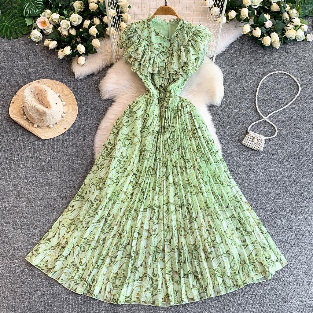 French light luxury celebrity temperament printed lotus leaf edge short-sleeved dress for women's summer waist and thin pleated medium and long dress