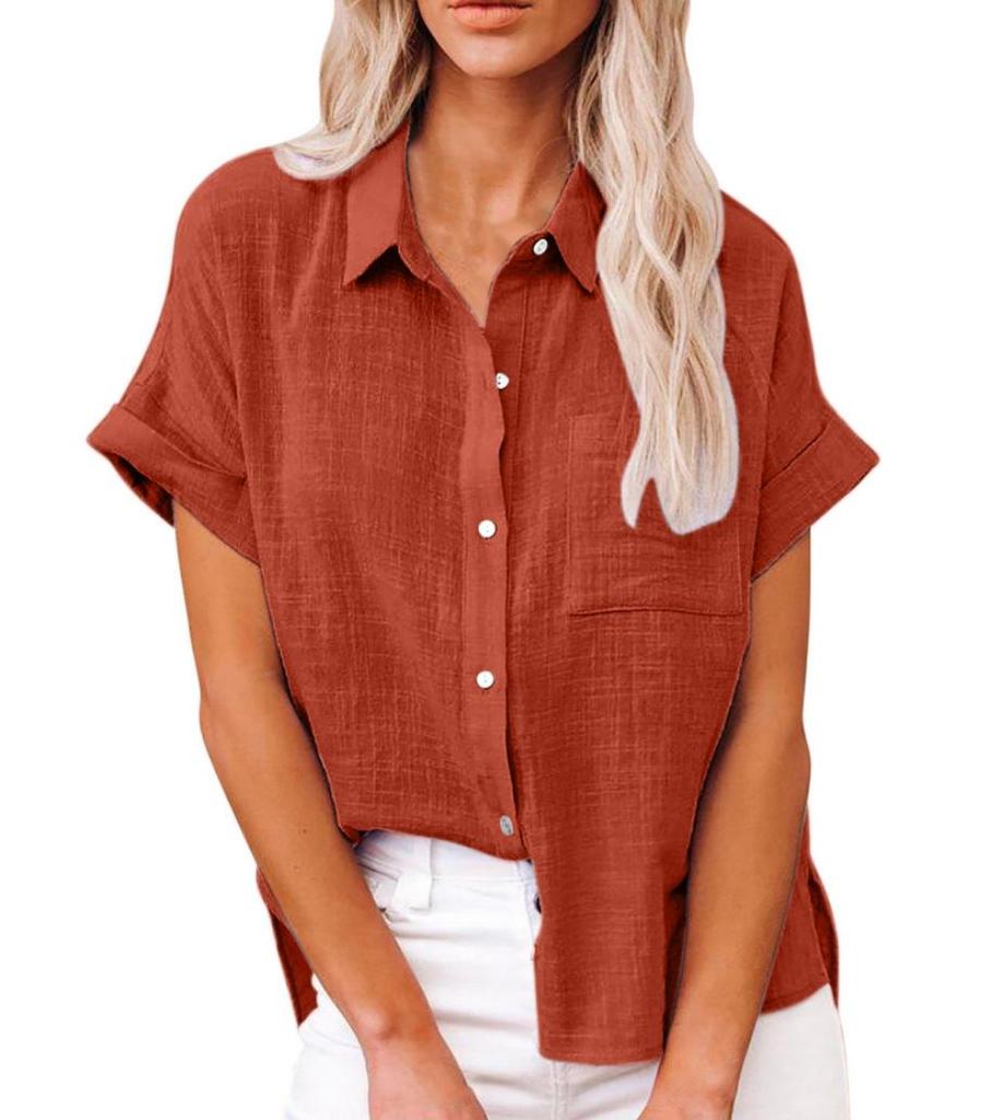 Women's Solid Color Short-Sleeve Cotton Casual Loose Shirt