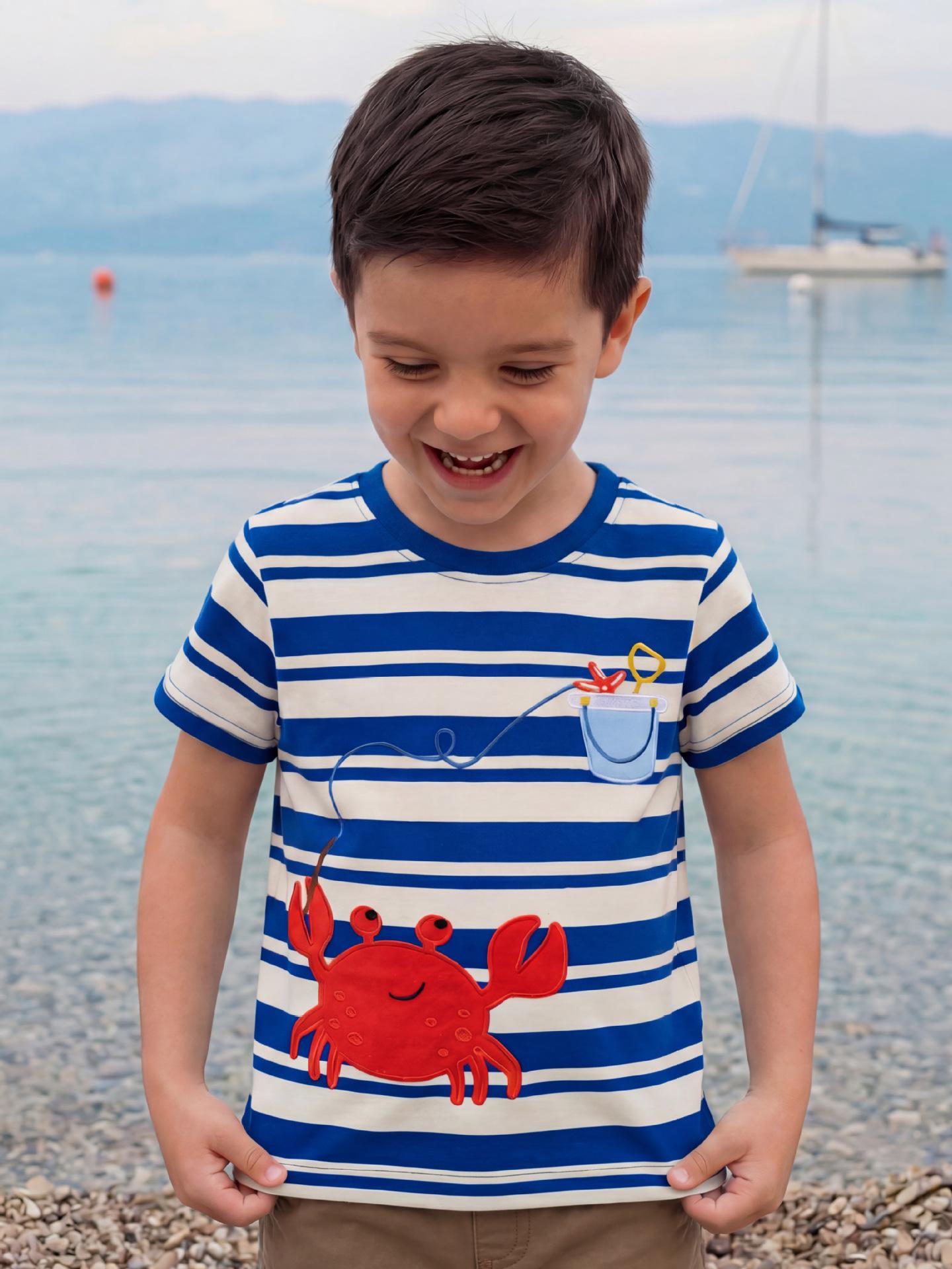 Summer Boys Crab Embroidered Short-Sleeve T-Shirt - European American Fashion 130cm (7Y) королевский синий