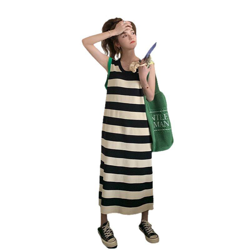 Damen Sommer gestreiftes Strickwestenkleid mit Quaste, mittellang, figurbetont, ärmelloses Design