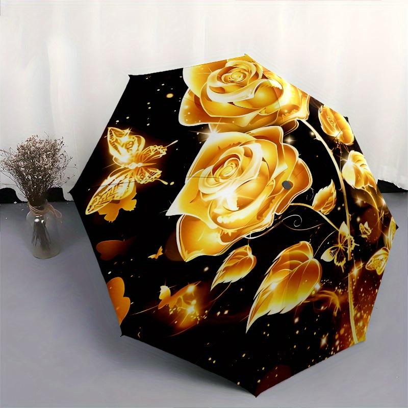 Golden Roses Butterflies Theme 8 Bone Hand Automatic Folding Umbrella, Compact and Portable Design, A Perfect Gift for Birthday, Christmas O