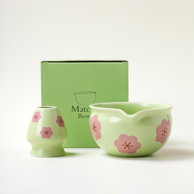 BespritGift Matcha Set 1-2tlg. Japanisches Matcha Tee Set Florale Chawan mit Ausguss Matcha Besen Bambus Pinsel Keramik Tee Geschenkset