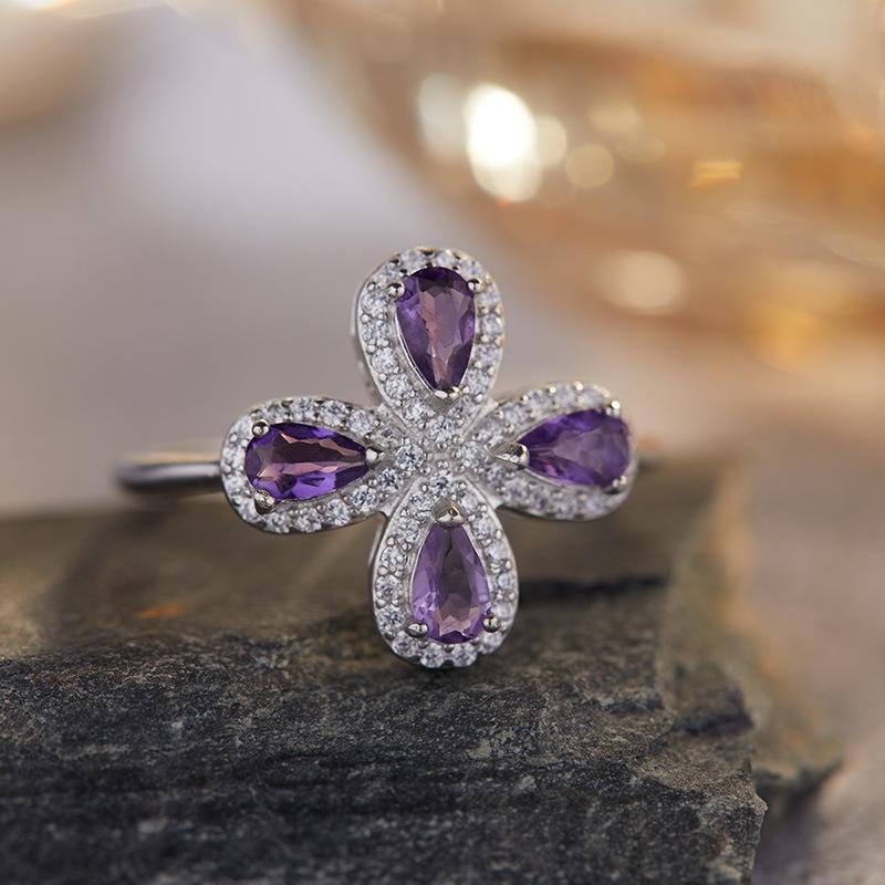 Xiaohongshu Colored Treasure Earrings Flower S925 Sterling Silver Set With Natural Gemstone Ring Women'S Jewelry