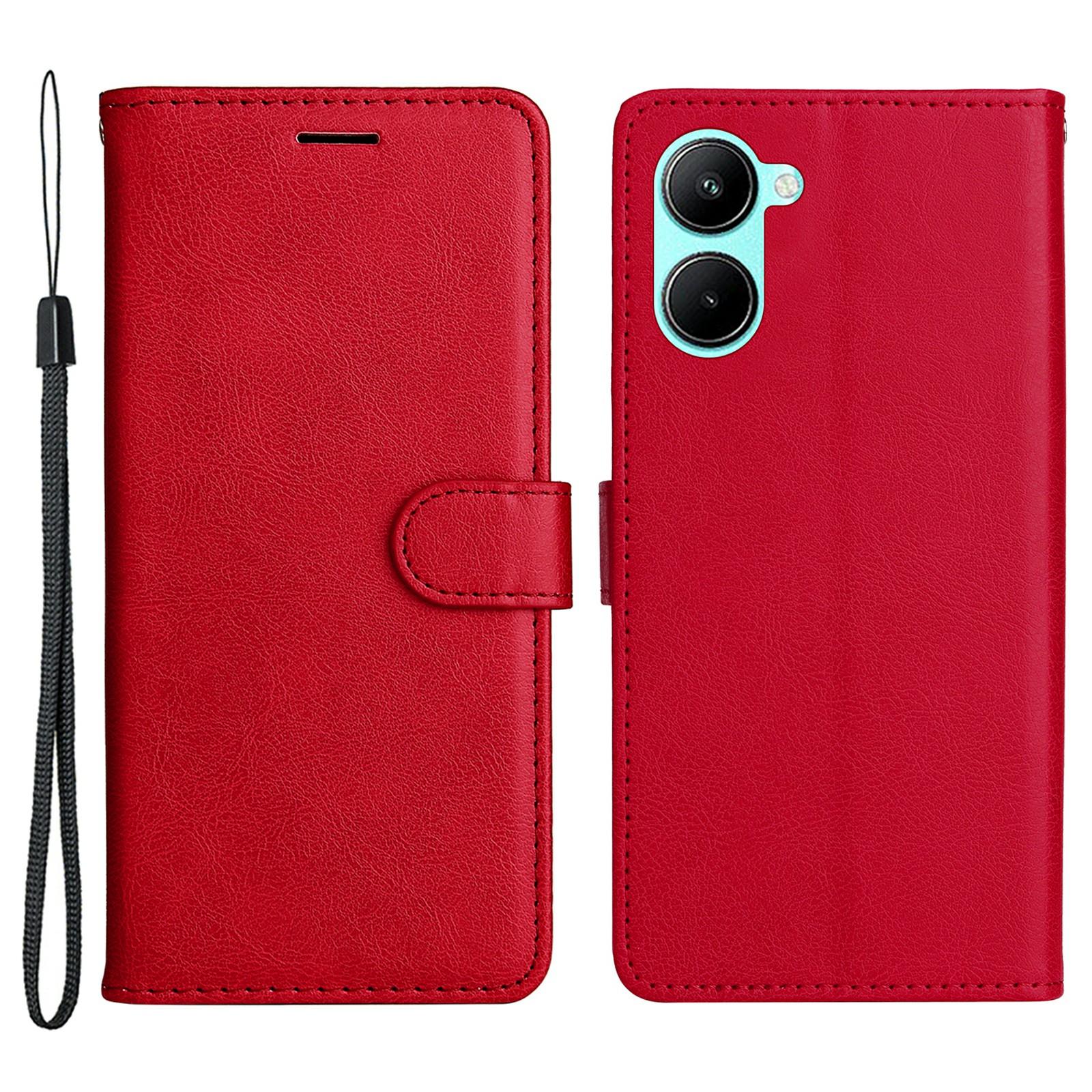 

Для Realme C33 2023 4G/C33 4G Чехол Однотонный Кожаный Мобильный Чехол Кошелек Подставка с Ремешком Red