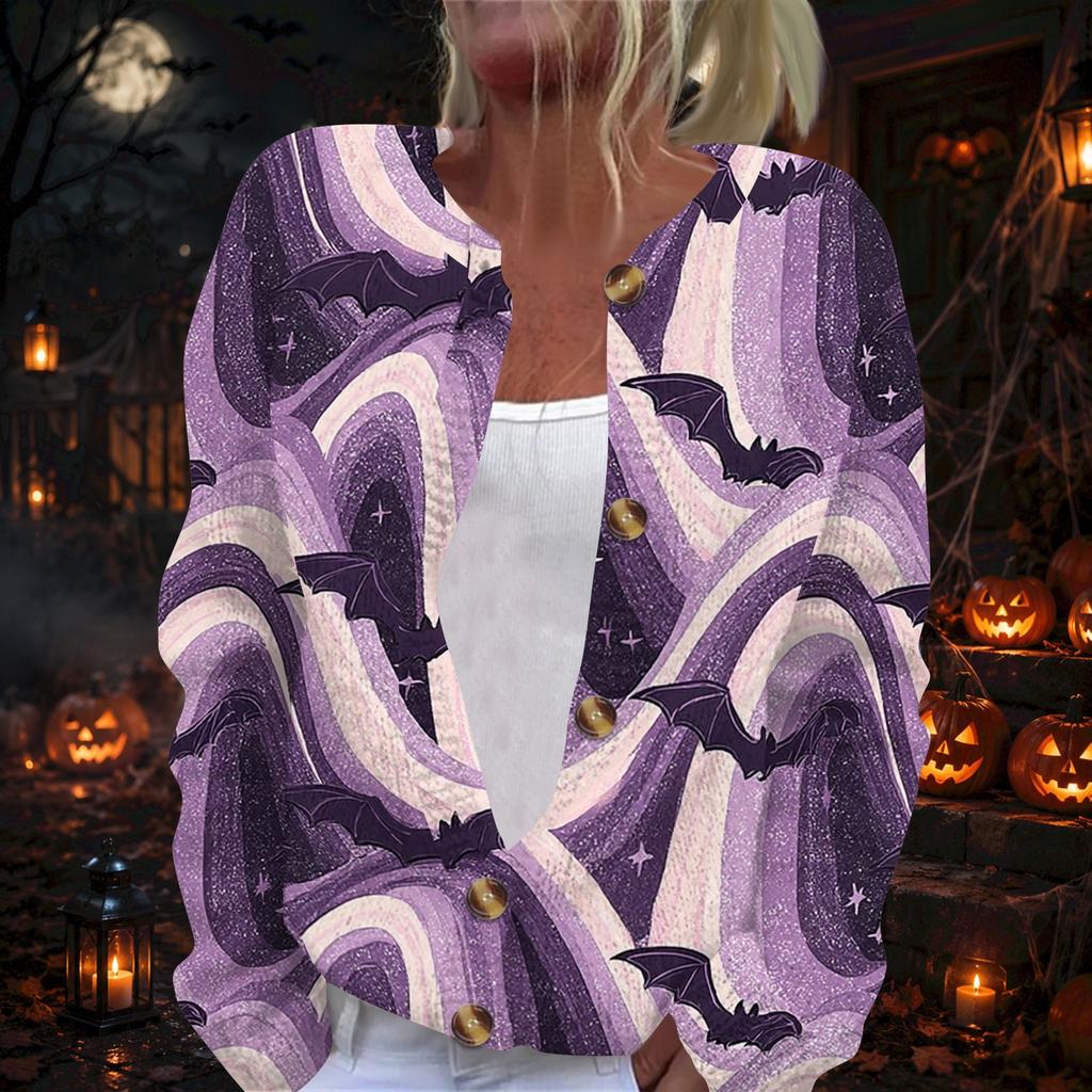 Women's Long Sleeve Knit Cardigan with Halloween Print Button Front for Holiday Party