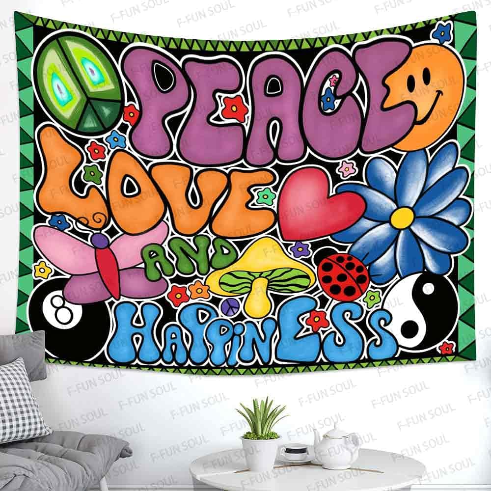 F-FUN SOUL Peace Love and Happiness Tapestry Groovy Tapestries, 40x30inches, 70s Theme Tapestries Hippie Aesthetic Tapestry Wall Hanging for Bedroom