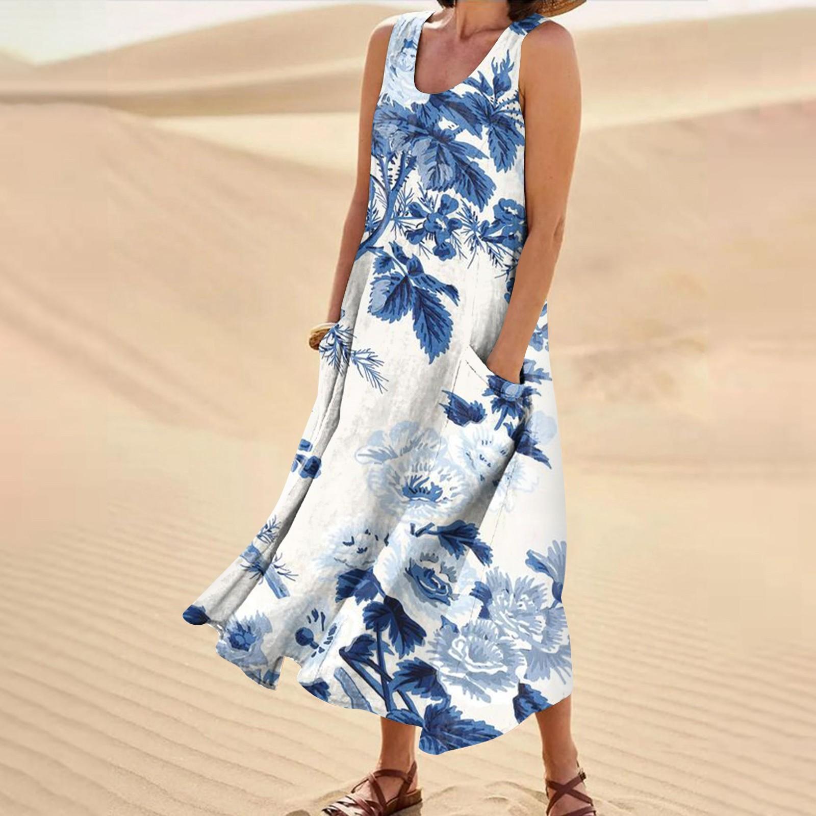 

Жіноча літня вільна широка сукня без рукавів із принтом і кишенями без рукавів S синій