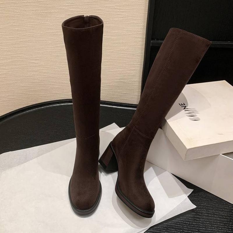 Autumn and Winter Women's Fashion Boots Solid Color Leather Large Size Women's Boots High Heel Rear Zipper New Cowhide Versatile High Boots