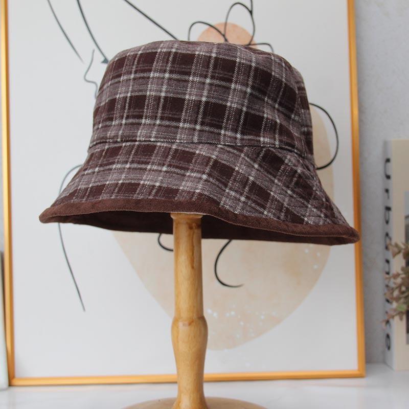 Retro Double-sided Plaid Bucket Hat Women's Autumn and Winter Deerskin Velvet Showing Face Small Versatile Basin Hat Casual Hat Tide